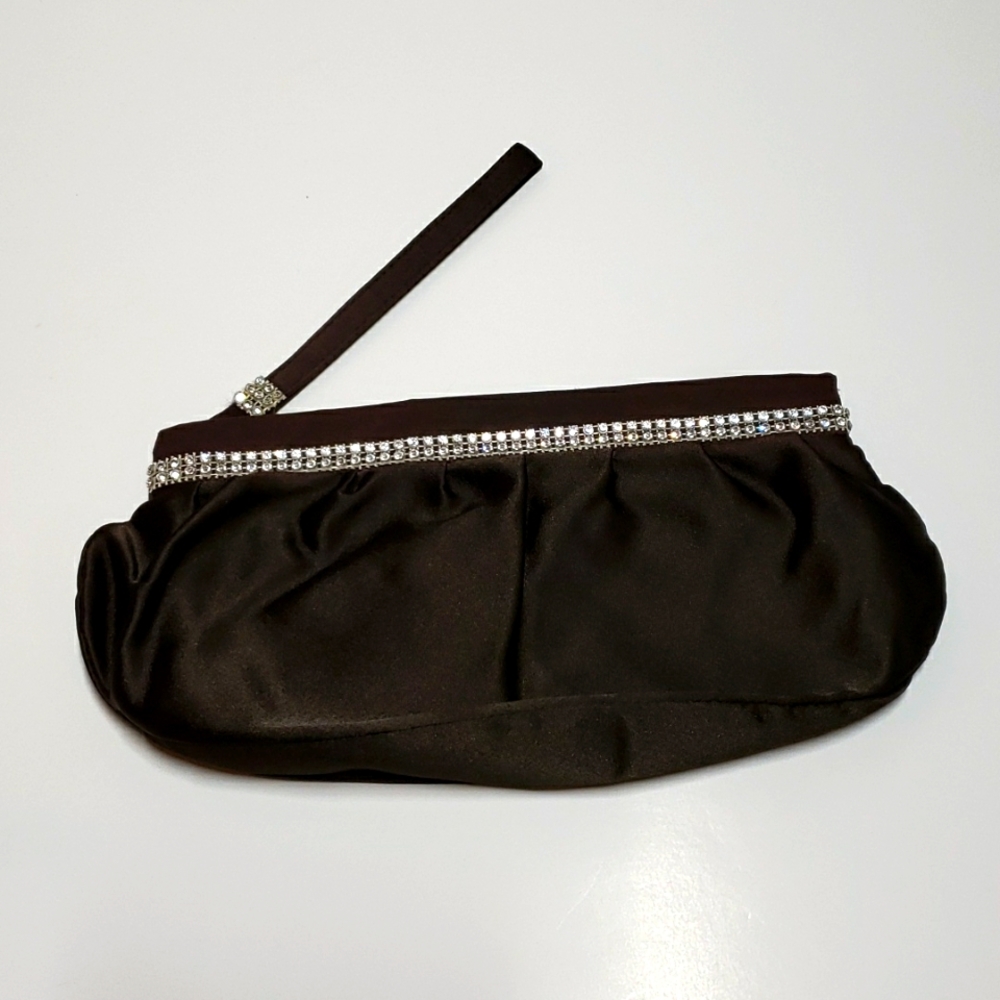 Vintage Walborg West Germany Satin Wristlet Evening Bag Purse Brown Rhinestone